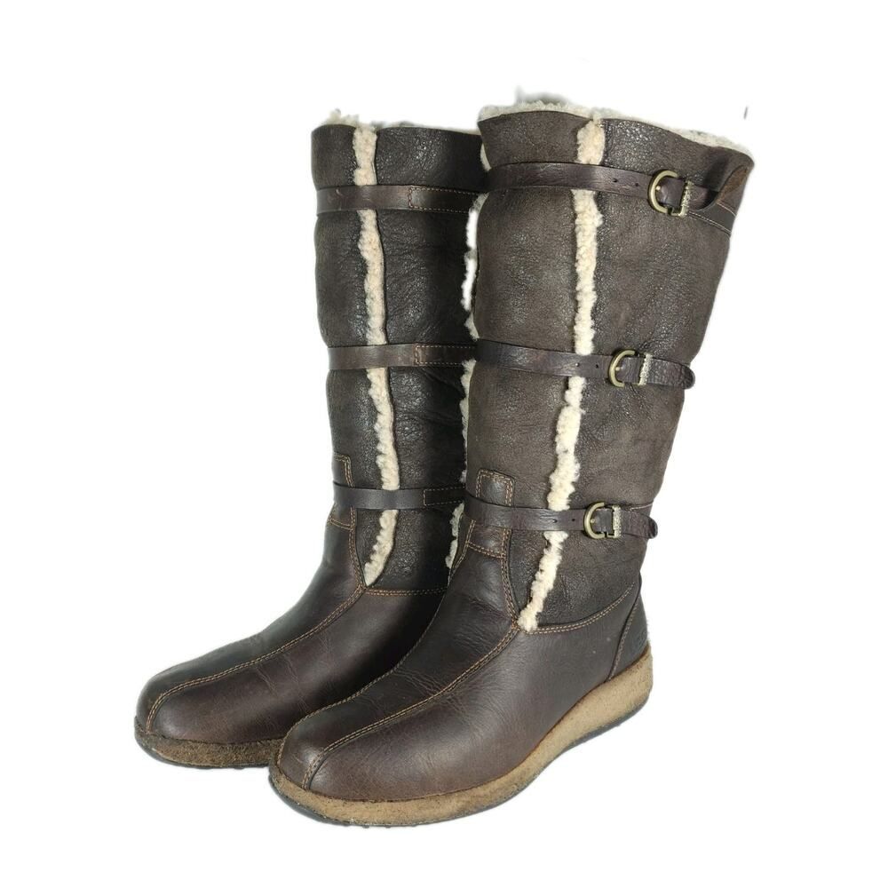 UGG Women's VTG US7? Brown Leather Sheepskin Lined Strappy Pull On Tall Boots